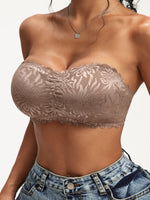 Women's Off Shoulder Lace Bandeau Bra, Floral Ruffled Wirefree Removable Pads Lift Anti-Sagging Daily Casual Wear