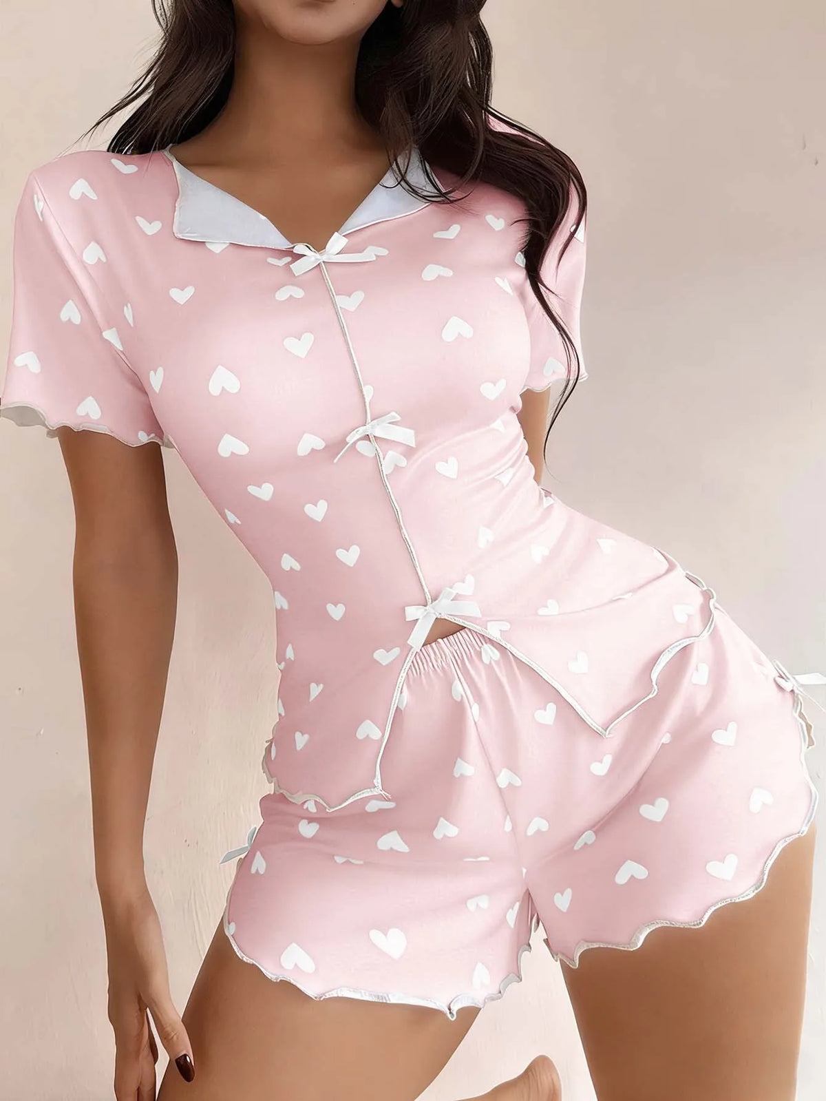 Women's Sleepwear Pajama Set Top and Shorts 2-piece Pajama Set Love Printed Lapel Bow Women's Loungewear