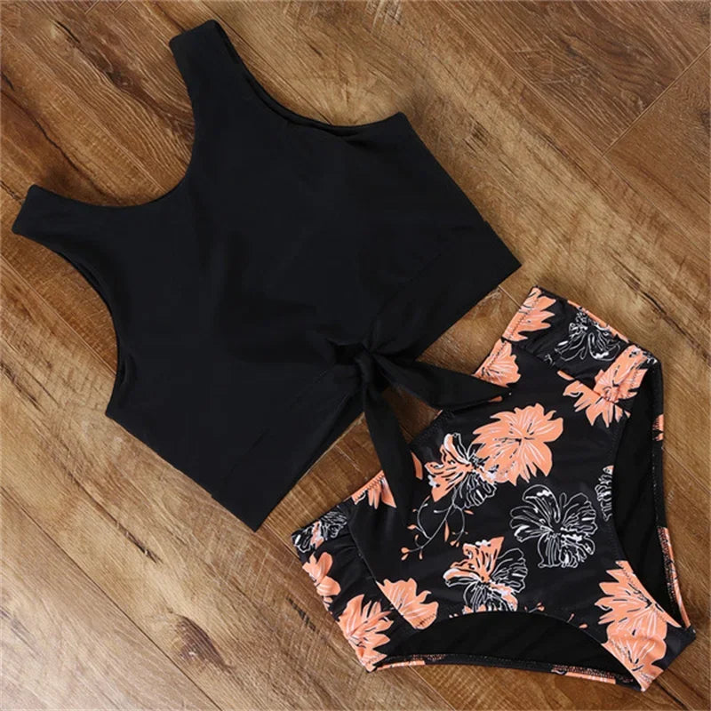 High Waist Bikini Sexy Swimwear Women Striped Leopard Front Tie Push Up Two Piece Swimsuit Beach Bathing Suit Vacation Outfits