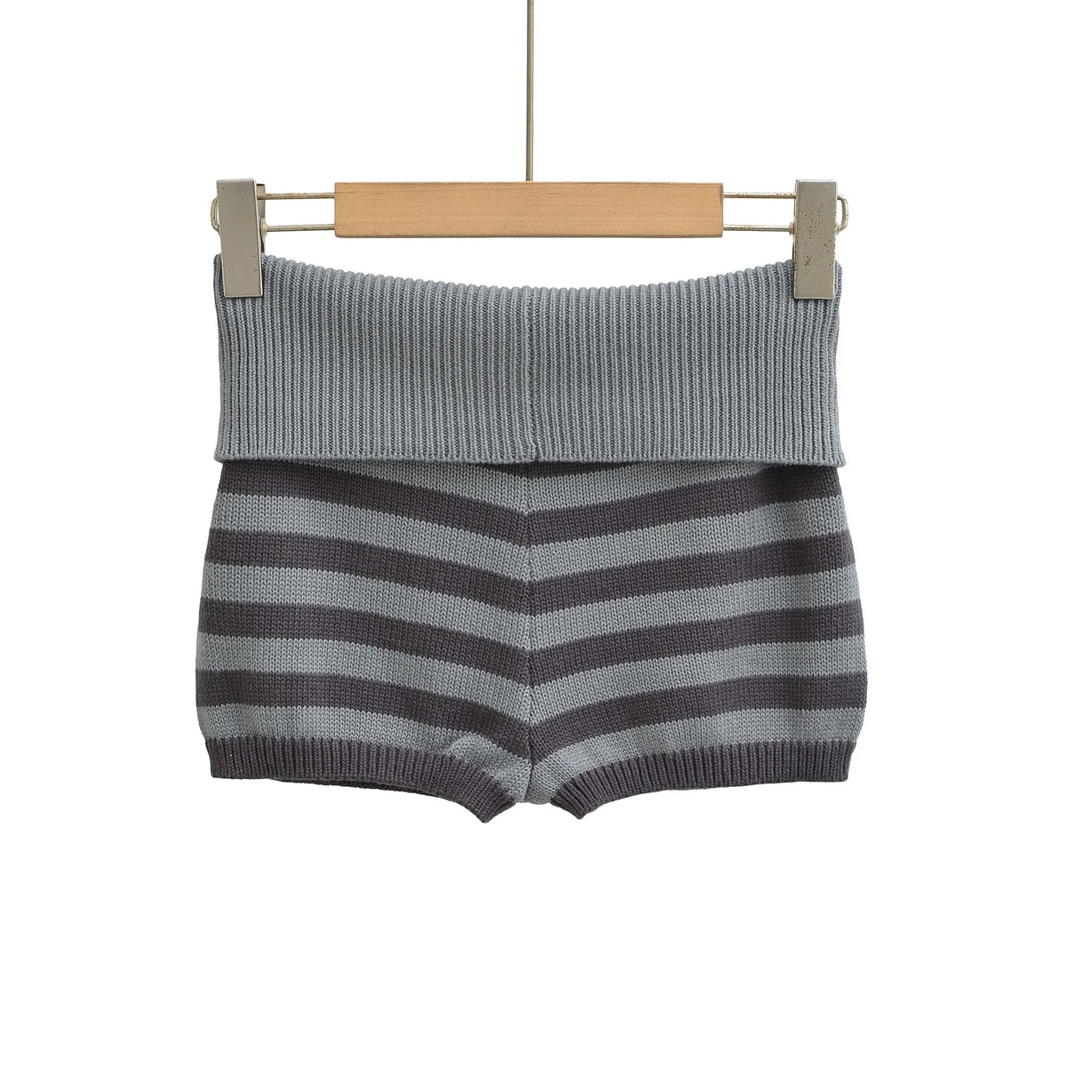 Stripe Fold Over Waist Knit Shorts For Women Soft Stretch Ribbed Fabric Relaxed Fit Retro Perfect For Casual Street Style V0HI