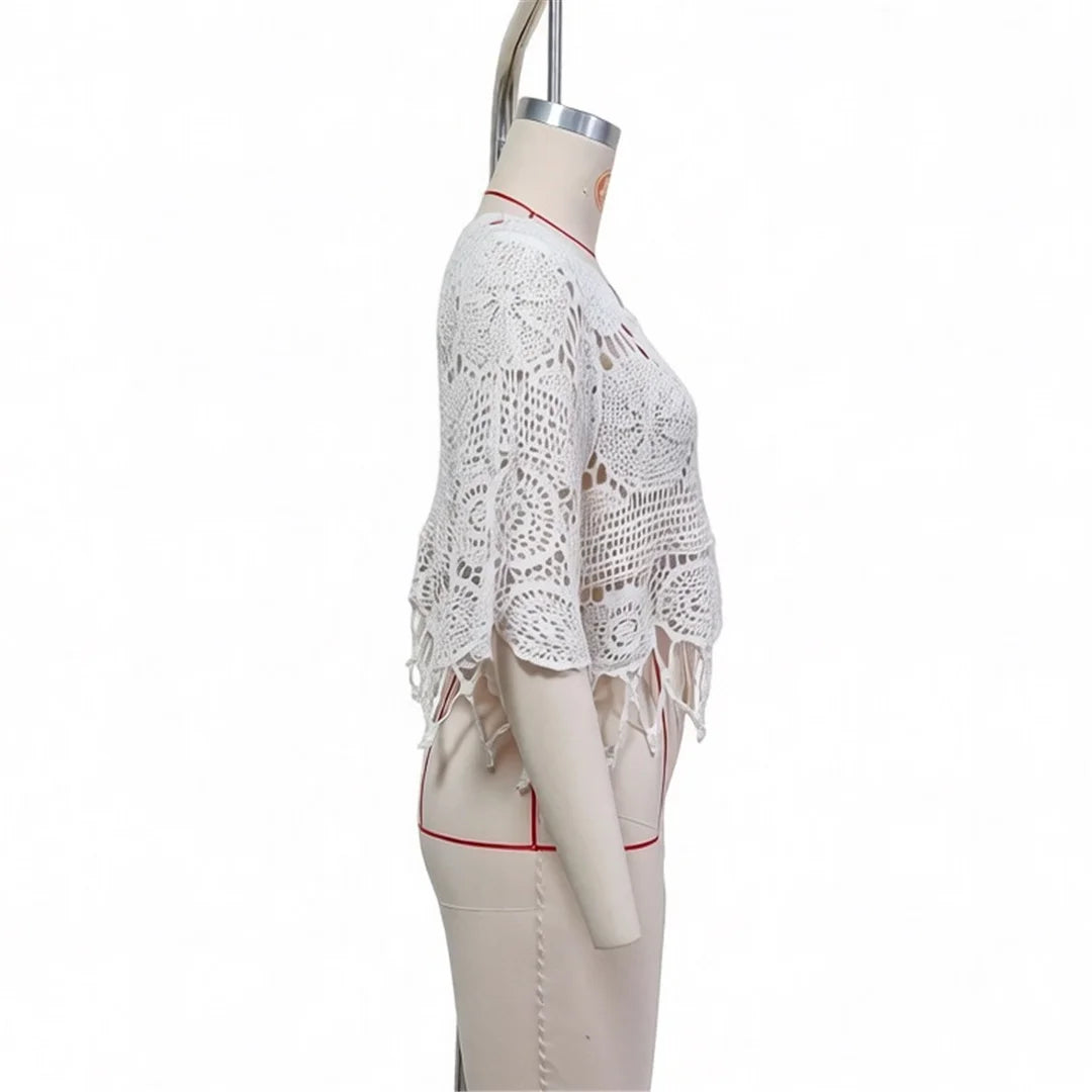 Half Sleeve Hollow Out Solid Crochet Knitted Tunic Beach Cover Up Cover-ups Beach Dress Beach Wear Beachwear Female Women V8401
