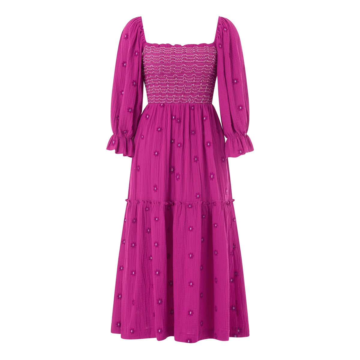Women Spring Fall Long Dress Long Sleeve Dress Square Neck Embroidery Flower Loose Swing Dress Wit Pocket
