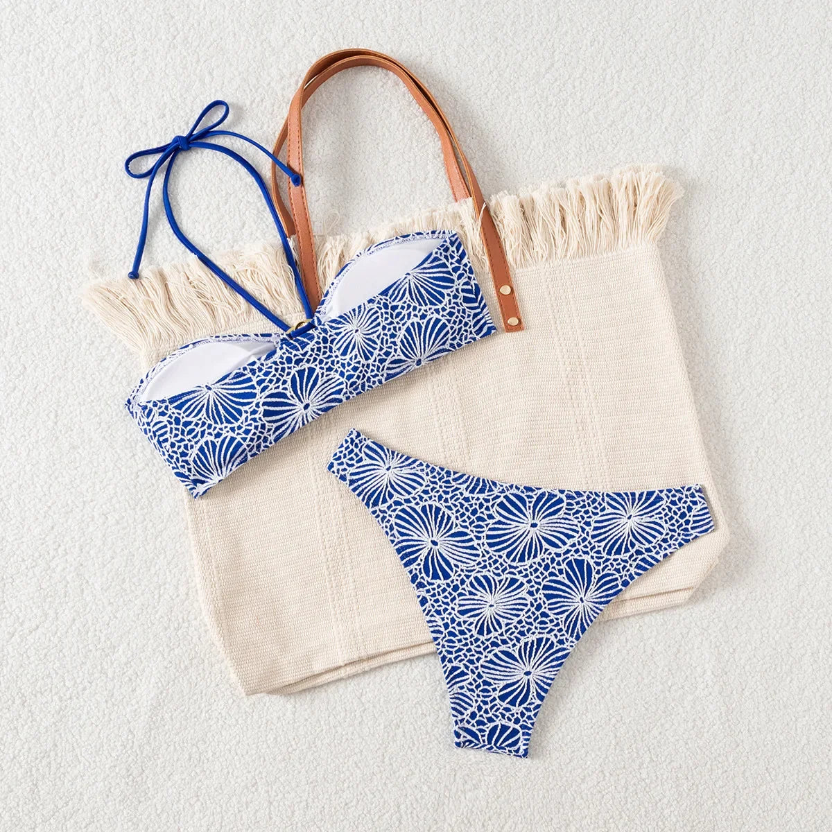 Bandeau Swimsuit Blue Thong Bikinis Women Sexy Print Halter Swimwear Female Padded Bathers Bathing Swim Suit Beach Wear Summer