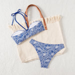 Bandeau Swimsuit Blue Thong Bikinis Women Sexy Print Halter Swimwear Female Padded Bathers Bathing Swim Suit Beach Wear Summer