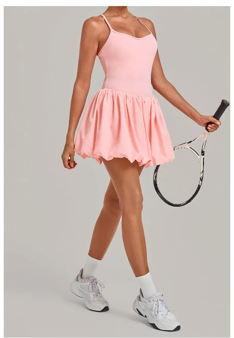 Women's Tennis Skirt Dress Sports Fitness Golf Beautiful Back Slim-fit One-Piece Training Workout Gym Anti-exposure Yoga Dress