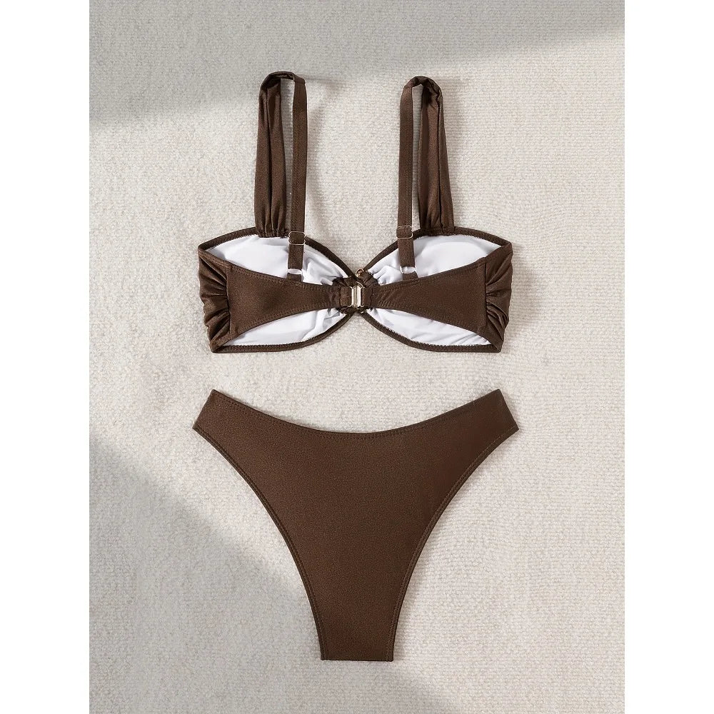 Sexy Brown Bikini 2025 Padded Bandeau Swimsuit Female Swimwear Women Thong Bikinis Set Bather Beachwear Bathing Suit Holiday