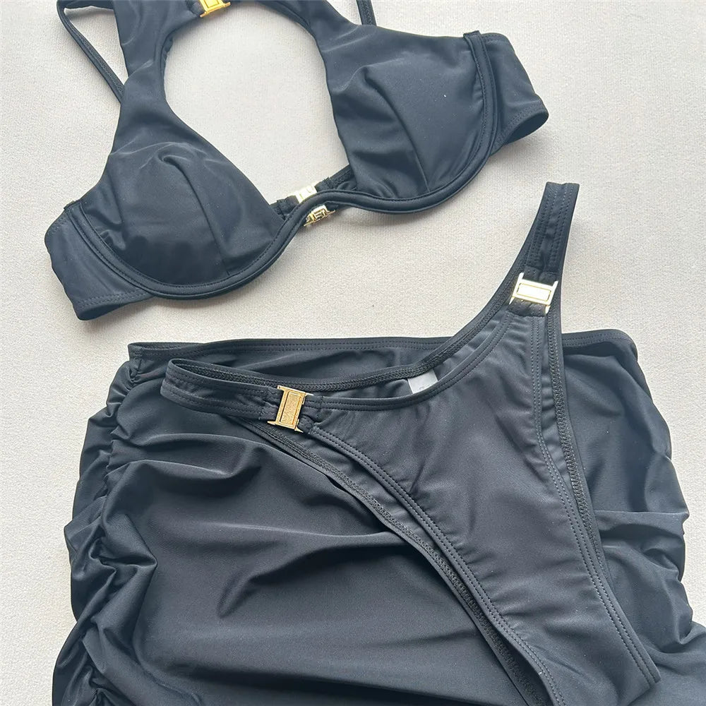 Solid Black Metal Buckle Bikini Push Up Mujer Mini Skirts Micro Thong Sexy Swimsuit Women 2026 Holiday Bikinis Sets 3 Pieces