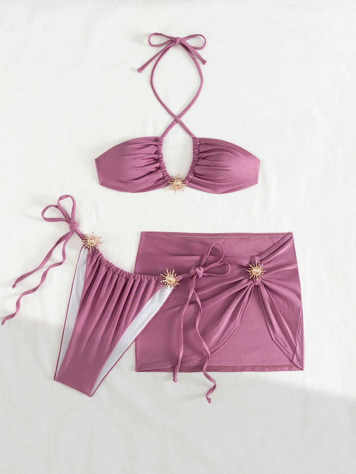 DEKA Women 3 Pieces Cross Halter Bandage Bikinis Set Skirt Swimwear High Waist Drawstring Swimsuit Summer Biquini