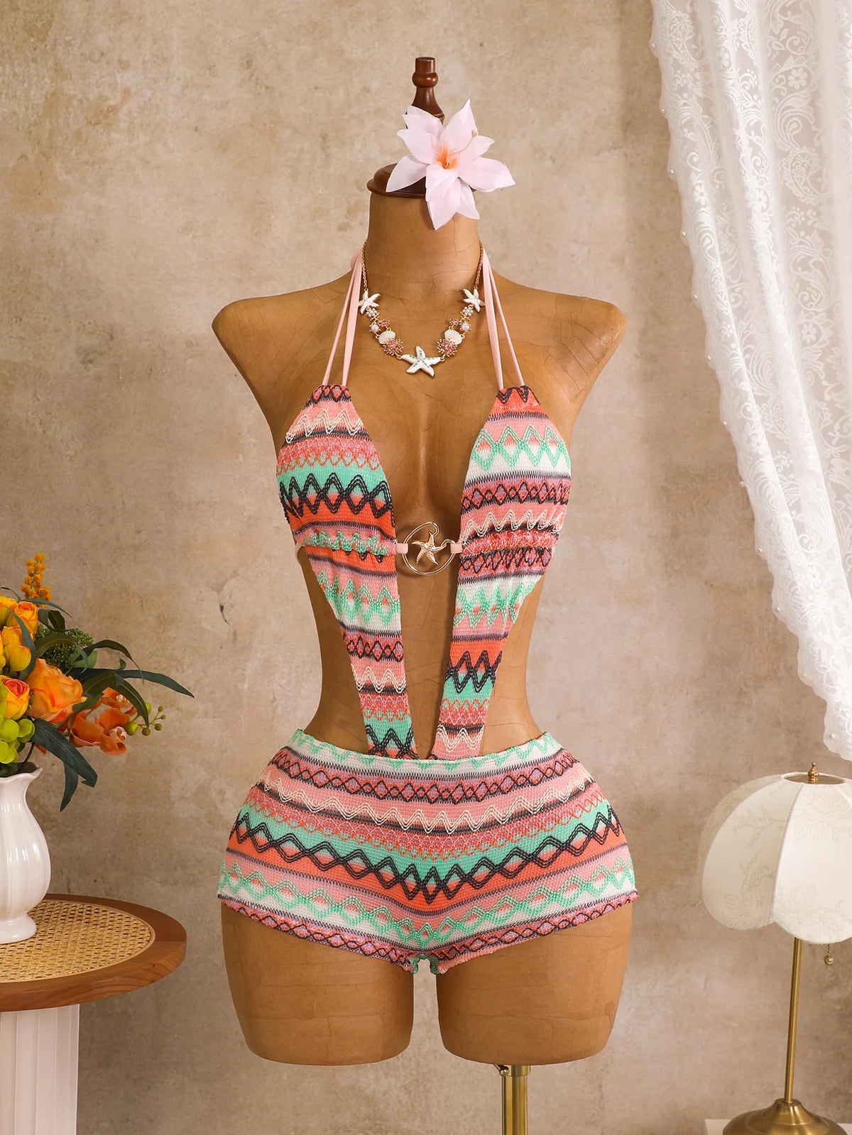 Sexy Hot Pink Knitted Striped Swimsuit 2026 Women Metal Circle Patchwork Hollow Backless Beach Bathing Suit One Piece Swimwear