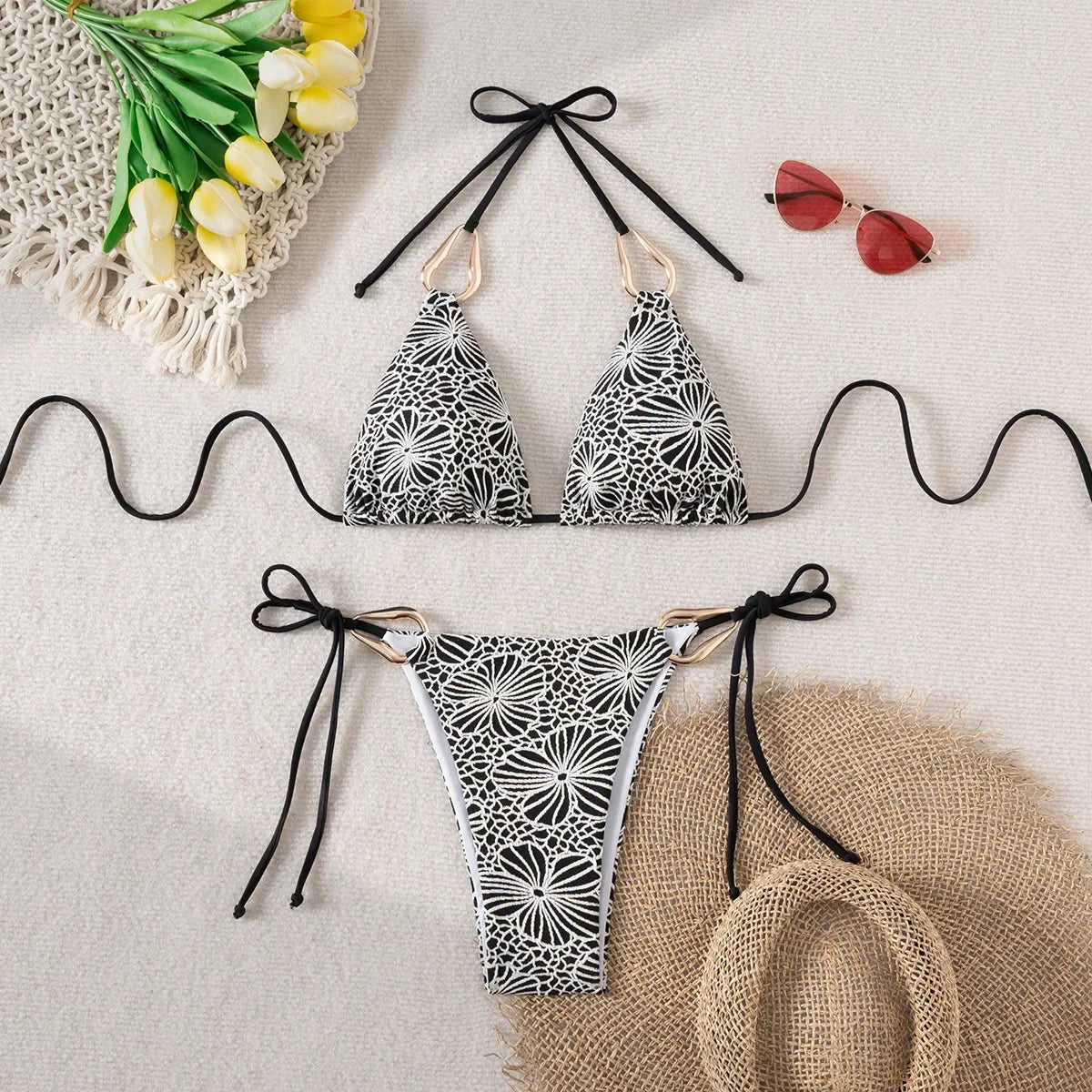 Triangle Bikini String Women Two Pieces Swimsuit Female Swimwear Halter Bikinis Set Blue Black Beachwear Padded Bathing Suit