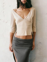 Trendix V Neck Slim Long Sleeve Tops Women 2026 Spring Casual Vintage Bodycon Pullover Top Party Retro Office Basic Backless Top