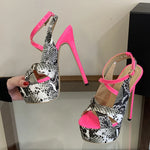 New Sexy Snake Print Leather Platform High Heels Sandals Women Fashion Peep Toe Buckle Strap Stiletto Party Dress Shoes