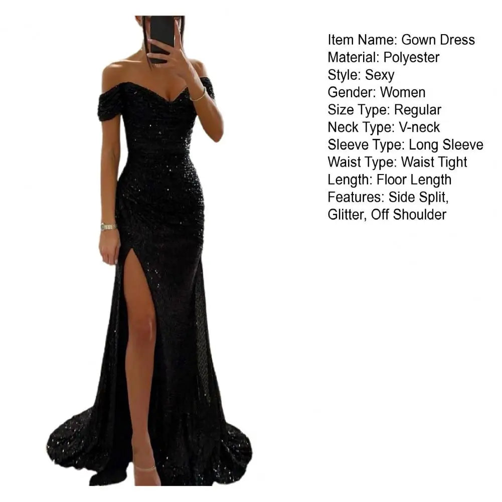 Evening Party Prom Dress Elegant V-Neck Off Shoulder Dress Sequin Pleated Short Sleeve Waist Tight Slim Sexy Split Long Dress