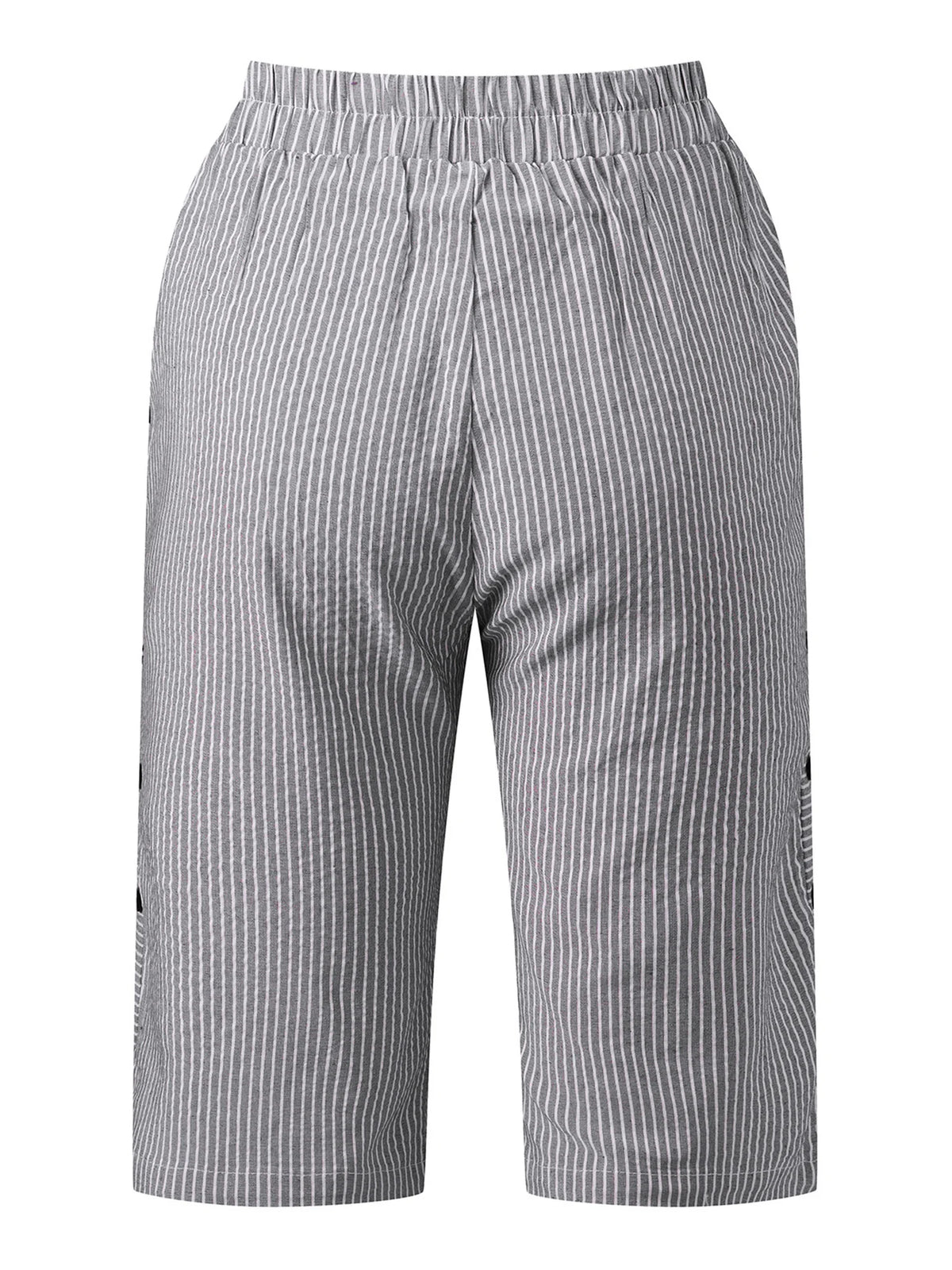 2026 Summer Women Striped Capris Casual Stylish Elastic Waist Side Button Straight-leg Pants Daily Cropped Trousers