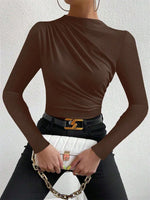 Casual Pleated Mock Neck Long Sleeve T-shirt for Women Autumn Winter Spring Solid Color Ruched Skinny Slim Fit Blouse Top Tshirt