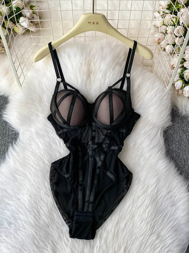 MOYISU Sexy Instagram Viral Bodysuit Women Pure & Sexy Sheer Mesh Halter Push Up Pads Summer Lingerie Euro Style Hot Sale SG