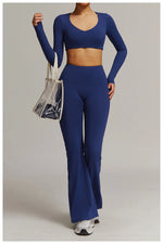 Women 2PCS Yoga Suit Sports Gym Set Tracksuit Workout Long Sleeve Shirt Fitness Flared leggings Short sleeve shorts running suit