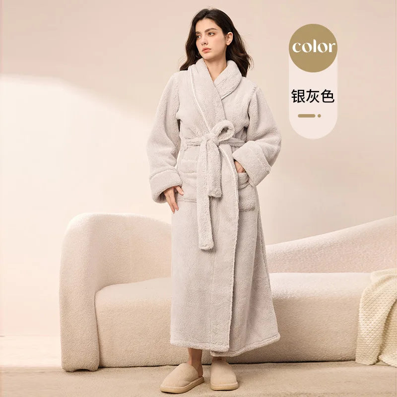 Autumn Winter Flannel Plus Size Robe Pajamas Thick Cozy Fleece Couple Bathrobe, Men Women Long Warm Loungewear,