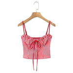 Sweet Girly Plaid Polka Dot Print With Drawstring Tie For Vacations Red Gingham With Bow Scallop Trim Fitted Bustier Style X6P8