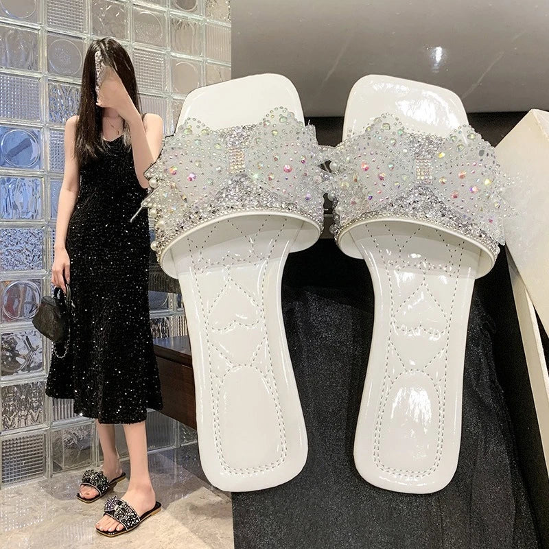 Women Summer ShoesNew Fashion Comfortable Non Slip Bow-knot Slippers Outdoor Soft Sole Rhinestone Dress Style Women Sandal