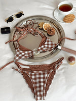 2025 Fashionable Women Two-Piece Swimsuit Adorable Chocolate Dot Design with Lace Detail Perfect for Beach Wear and Pool Parties