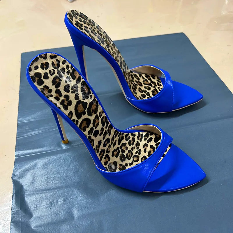10cm Heeled Mules Candy Color Pointed Open Toe 12cm High Stiletto Heels Summer Party Dress Women's Slippers royal blue 12cm