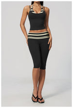 New Fake Two-piece Yoga Sets Women Striped Shock-absorbing Slim Sports Tank Top Fitness Suit Gym High Waist Mid Pants Tracksuit