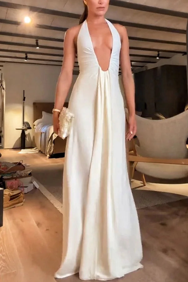 Sexy Deep V Halter Neck Long Dress Women Elegant Bandage Patchwork Luxury Evening Dresses Solid Color Hot Girls Party Vestidos