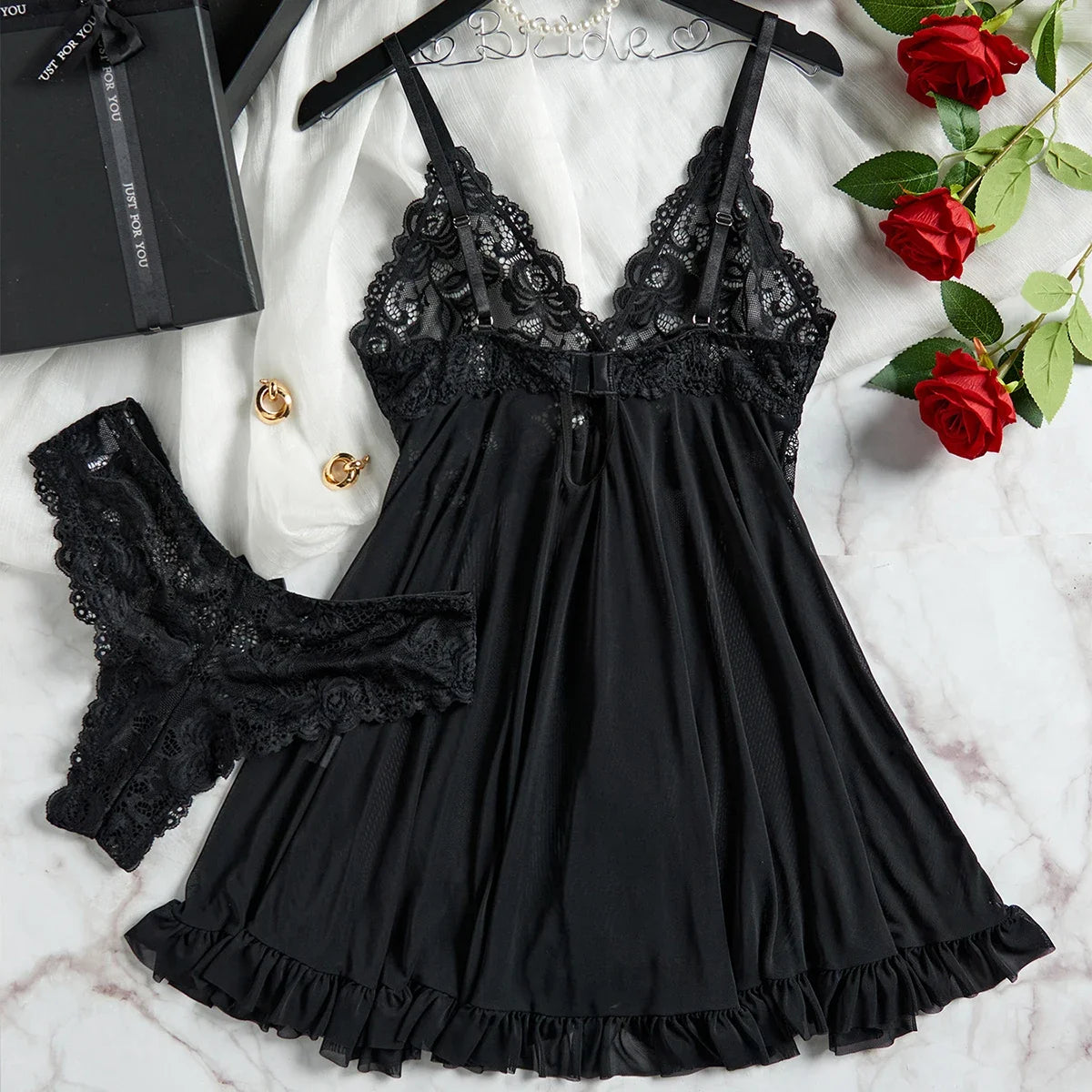 Tulle Suspenders Lace V-Neck Sleepwear Underwear Semi-transparent Night Dress Women's Lingerie Nightgowns