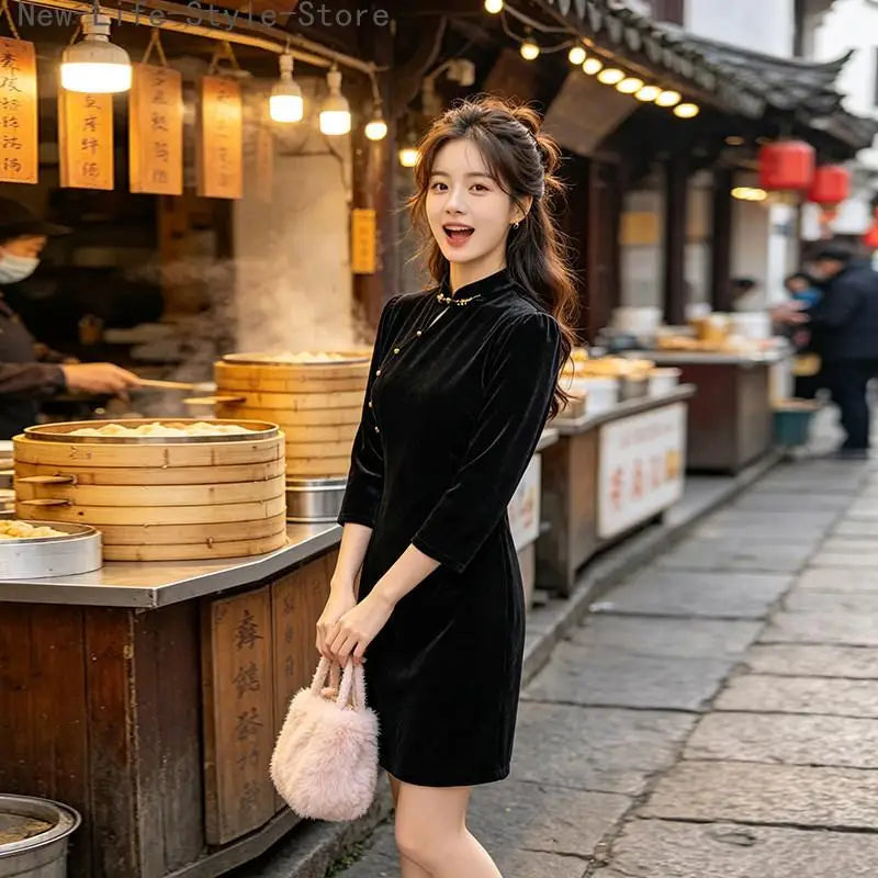 Black New Chinese Style Improved Qipao Dress Long Sleeve Short Cheongsam Retro Elegant Women Dress for Party Banquet Daily