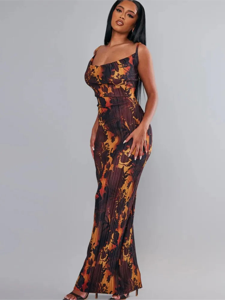 Folds Print Spaghetti Strap Slim Long Dresses Women Fashion Sexy Low Cut Package Hip Bodycon Party Dress Trendy Streetwear New