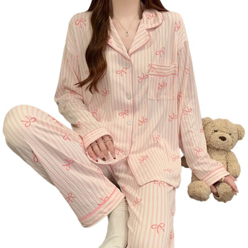 Printemps et automne nouveaux pyjamas pour femmes ensemble de vêtements de détente fille amour Cardigan pyjamas tissu froissé vê