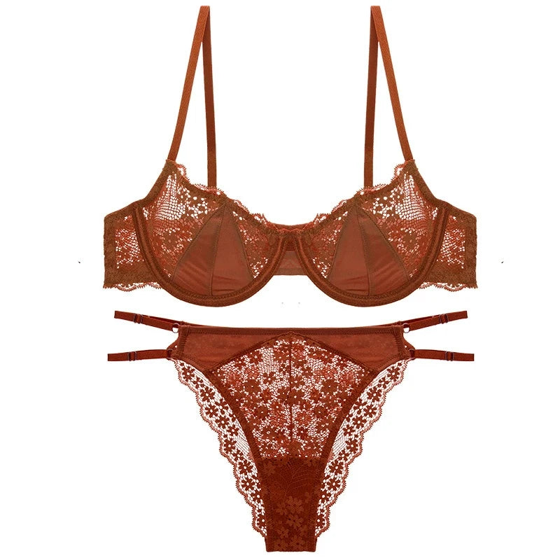 French Sexy Lingerie Ultra-thin Satin Lace Lingerie Set Anti Sagging Bra Half Cup Ultra-thin Lace Gather Anti-sagging Bra Set