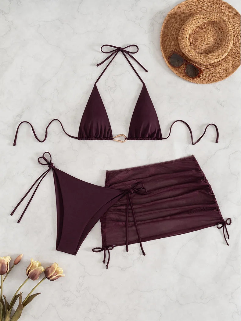 Sexy Wine Red String Bikini 2026 Women Three Pieces Swimsuit Brazilian Swimwear Female Beachwear Thong Bathing Suit Mini Biquini