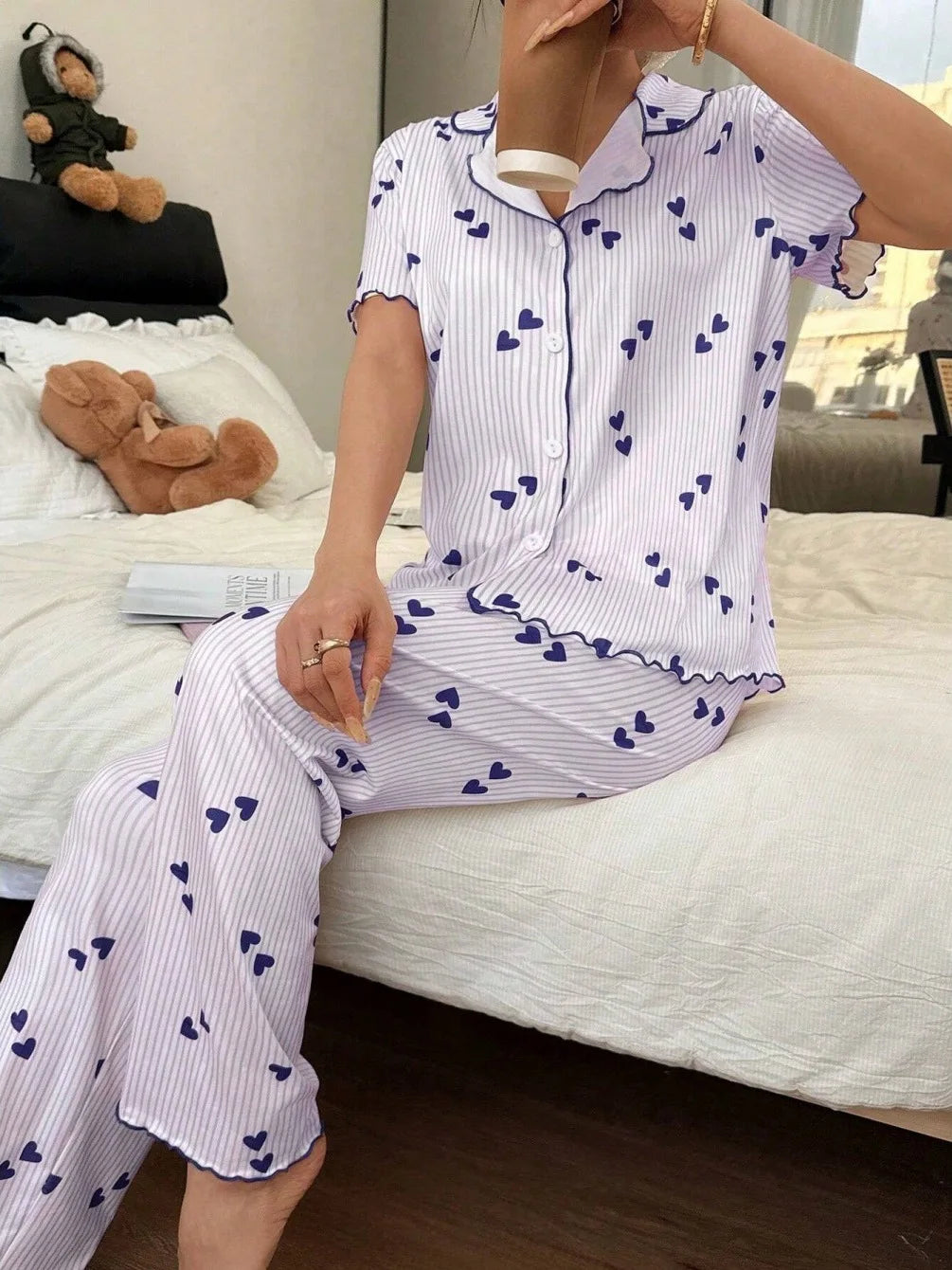 Loose Fit V-Neck Short Sleeve Print Cardigan Tops and Long Pants Set Home Sleepwear Women's Sleepwear Casual Pajamas Set