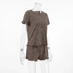 Women Leopard Print Pleated Pajama Set Ruffle Short Sleeve Crop Top Elastic High Waist Shorts Soft Casual Loungewear Sleepwear