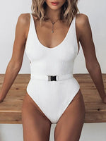 V Neck Ribbed High Leg Cut Women Swimwear One Piece Swimsuit Female Backless Monokini Bather Waist Belt Bathing Suit Swimwear
