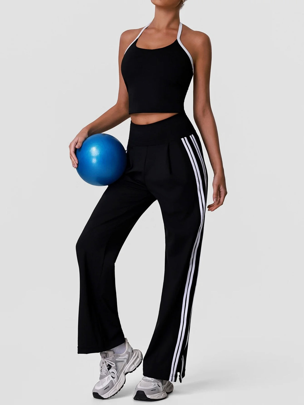 New Contrasting Striped Yoga Sets Women Hanging Neck Slim Sports Vest Gym Outfits High Waist Pocket Pants Running Fitness Suits