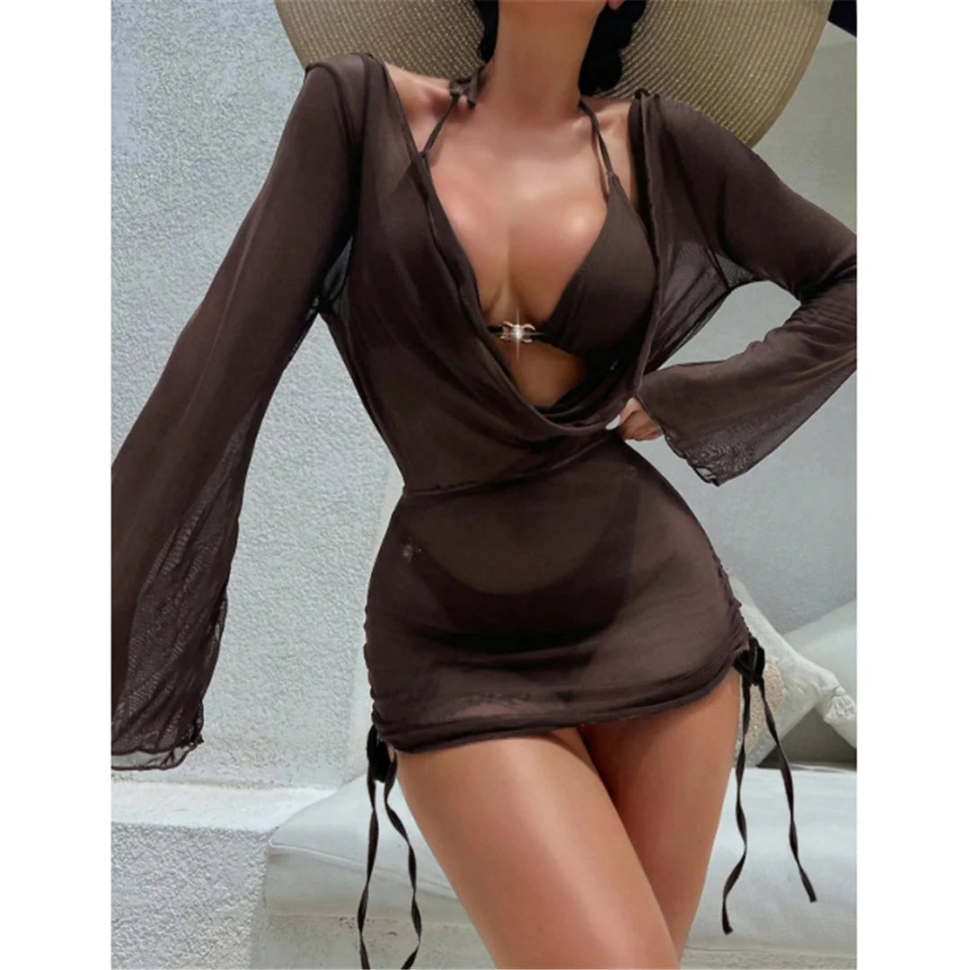 S - XL 3PCS With Long Sleeve Dress Bikini Women Swimwear Female Swimsuit Three-pieces Bikini Set Bather Bathing Suit Swim V7757