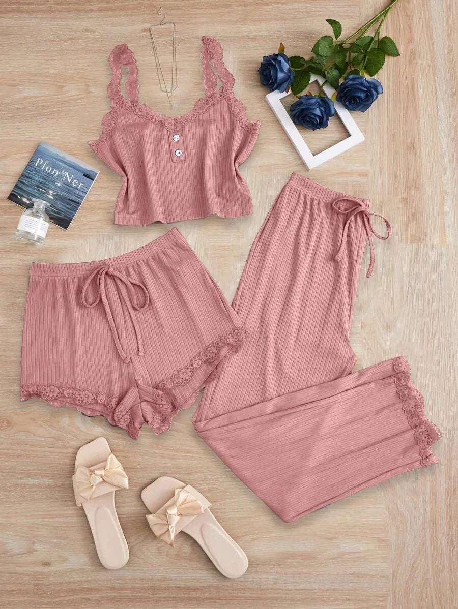 Ladies Autumn and Winter Three-Piece Pajamas Set Including Vest Shorts and Long Pants, Lace Camisole sexy Home Pajamas Set
