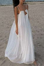 Women's White Spaghetti Strap Long Dress Fashion Solid Color Vacation Style Irregular Neck Backless Dresses Sexy Beach Vestidos