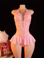 Women's Lace Bodysuit Halter Neck Deep V Backless Floral Sheer One Piece Lingerie with Ruffle Skirt for Nightwear