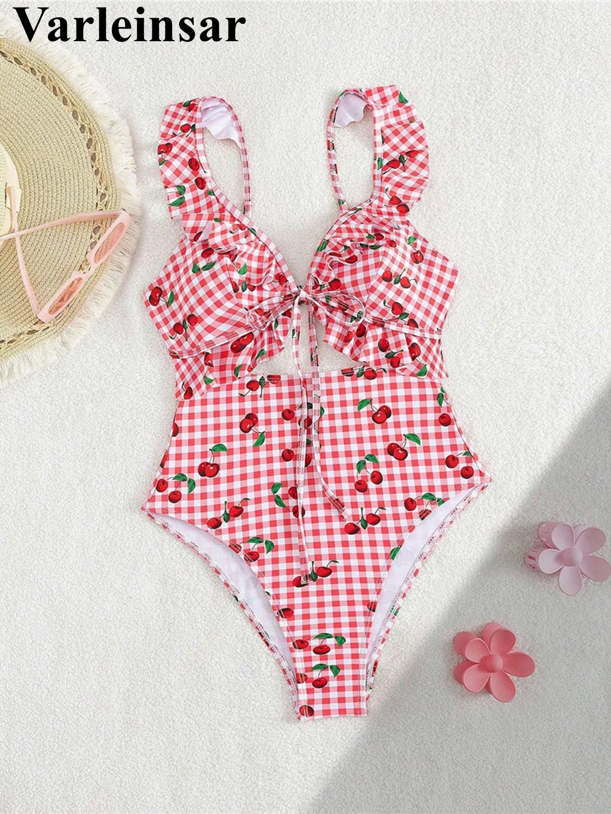 S - XL Cherry Printed Plaid Cut Out One Piece Swimsuit Women Swimwear Female Frilled High Leg Cut Bather Bathing Suit Swim V7557