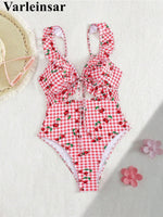 S - XL Cherry Printed Plaid Cut Out One Piece Swimsuit Women Swimwear Female Frilled High Leg Cut Bather Bathing Suit Swim V7557