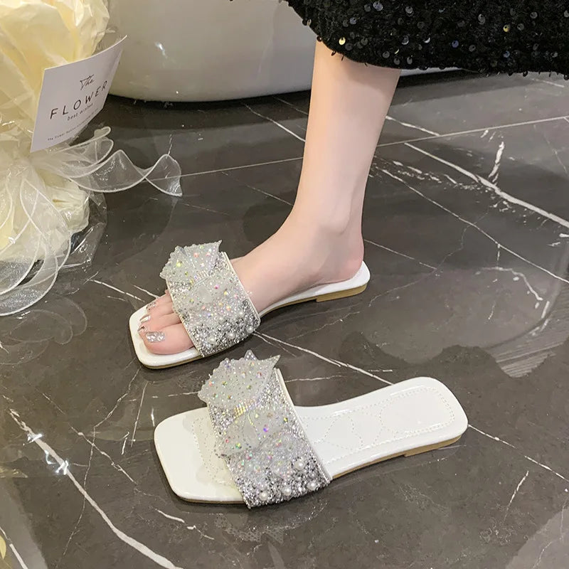 Women Summer ShoesNew Fashion Comfortable Non Slip Bow-knot Slippers Outdoor Soft Sole Rhinestone Dress Style Women Sandal