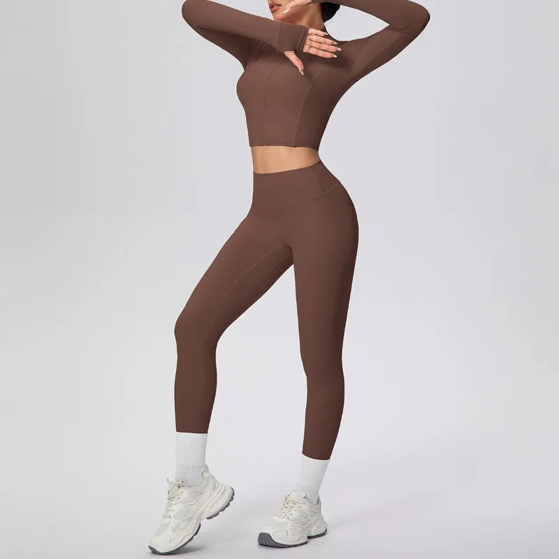 New Women Yoga Set Solid Color Double-Sided Brushed Bare Feel Short Long-Sleeve Jacket Tight Pants Running Fitness 2-Piece Set