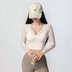 Women Mesh Long Sleeve Crop Yoga Top V Neck Twist Front Built-in Bra Quick Dry Breathable Workout Running Sports Shirt