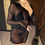 Sexy Long Sleeve See Through TopMesh Sheer Tunic Beach Cover Up Cover-ups Beach Dress Beach Wear Beachwear Female Women V3557