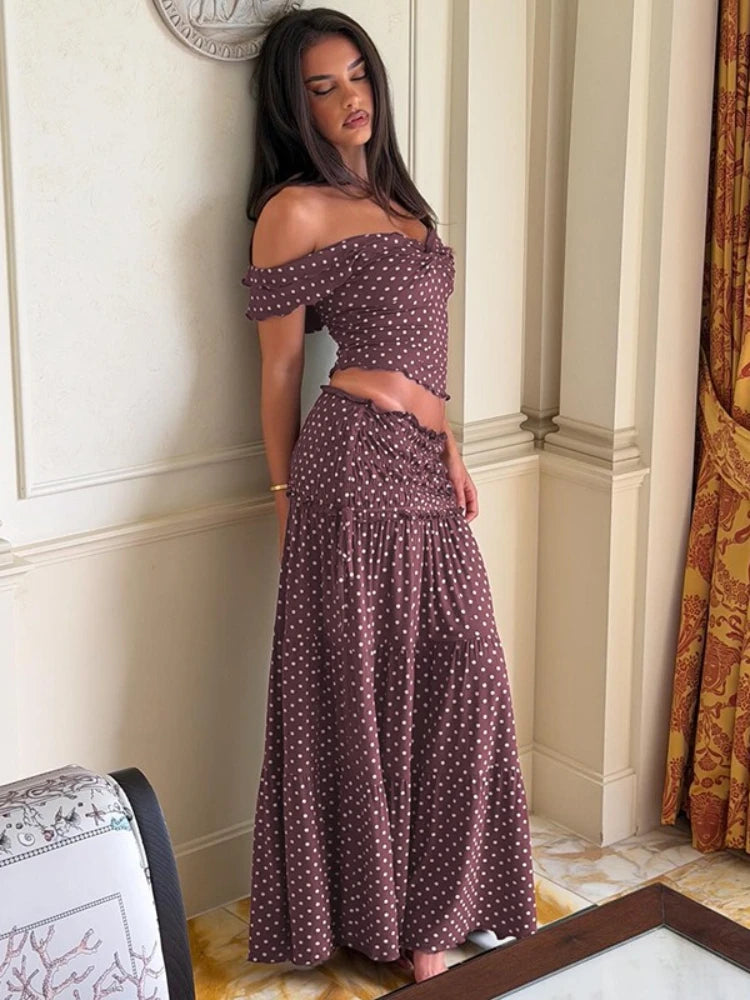 FDYOUI Woman Clothing Polka Dot Crop Tops and Lace-up Skirt Two Piece Sets Female Elegant Slash Neck Long Vacation Dresses Suit