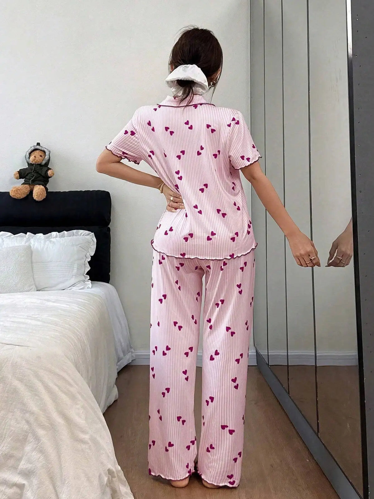 Loose Fit V-Neck Short Sleeve Print Cardigan Tops and Long Pants Set Home Sleepwear Women's Sleepwear Casual Pajamas Set
